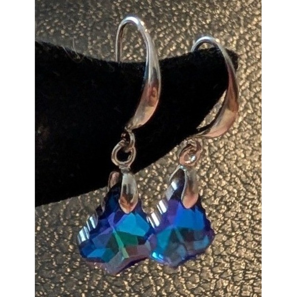 Vintage Blue Crystal Dangle Earrings Silver Tone French Hook Geometric
